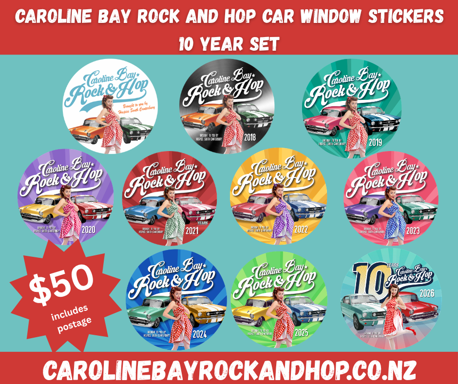 Caroline Bay Rock and Hop 10 Year set of Car Window Stickers. Postage included in price.